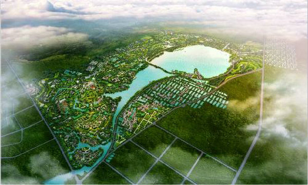 金湖风景区鸟瞰图 从空中俯瞰水域形似一条灵动的金鱼，金湖因此得名
